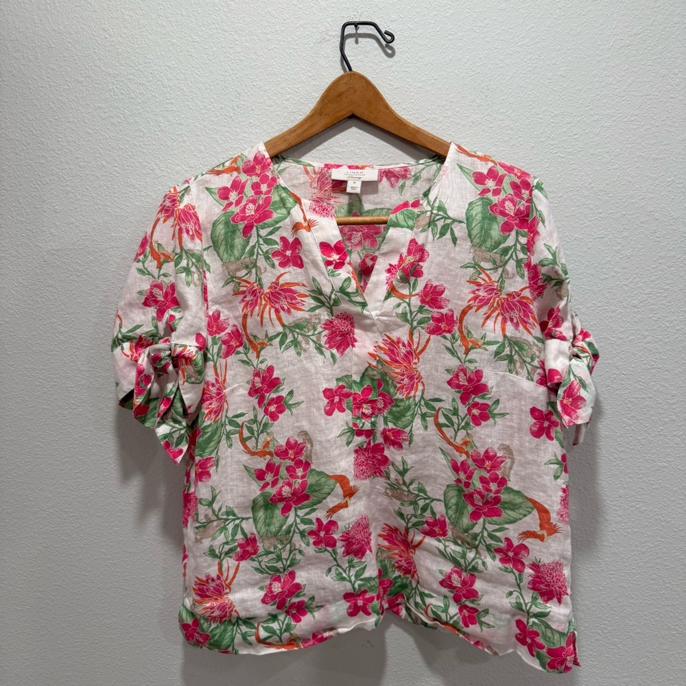 💯 Linen Charter Club White Linen Tropical Floral Camp Shirt Size M